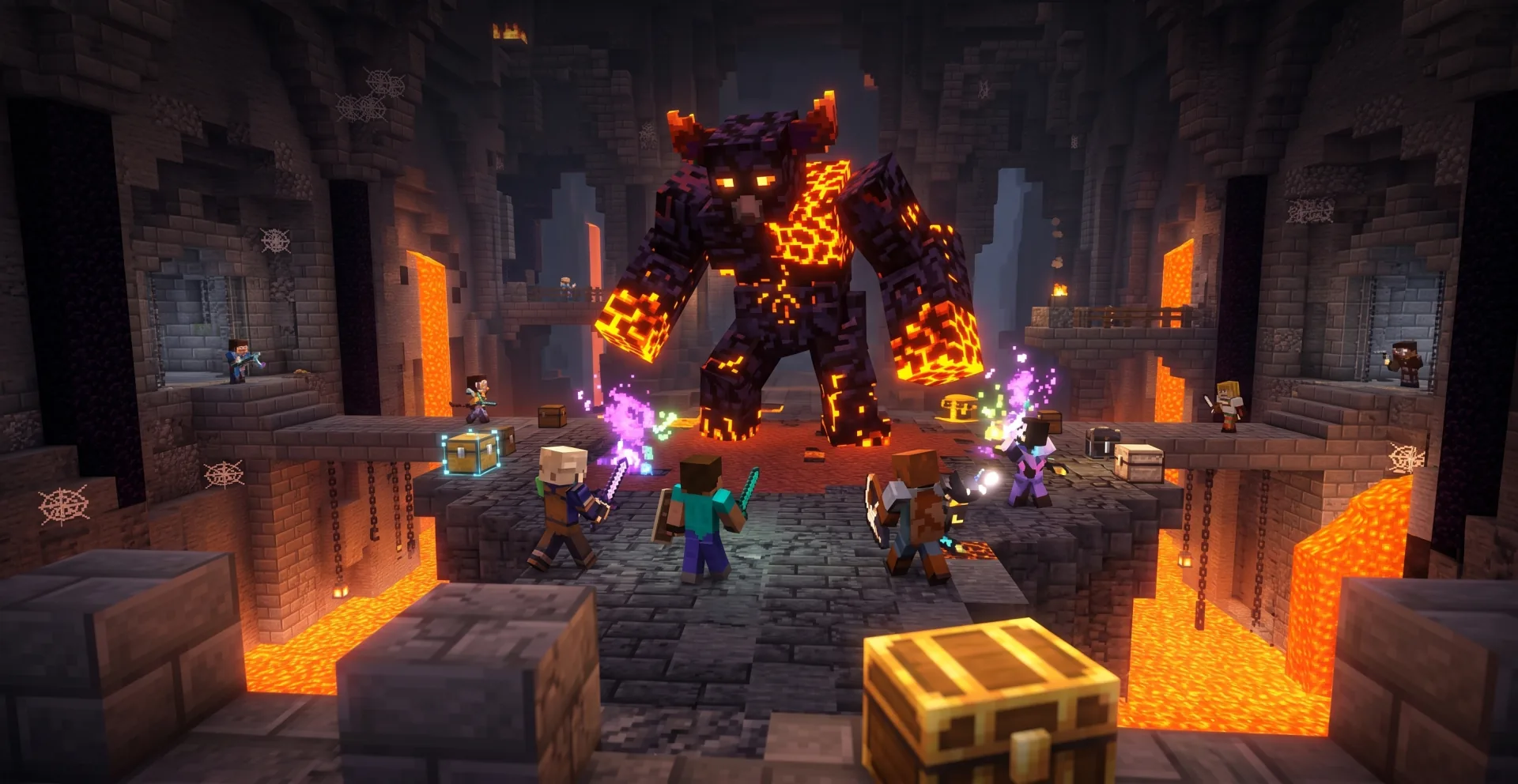 Groupe d'aventuriers face à un boss de lave dans un donjon